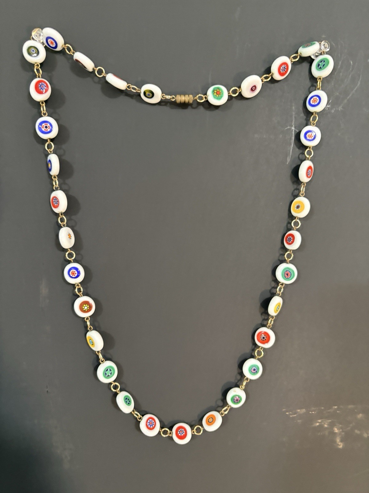 Vintage Italian Murano Millefiori Glass Disc Bead Link Chain Necklace 28 Vintage Italian Murano Millefiori Glass Disc Bead Link Chain Necklace 28