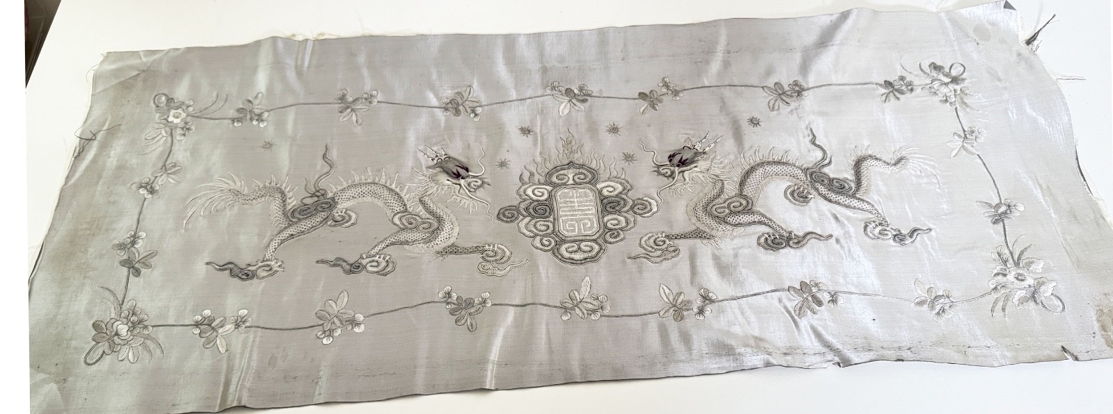 1920s/30s Chinese Heavily Hand Embroidered Silver Silk Satin Panel  ZZ589