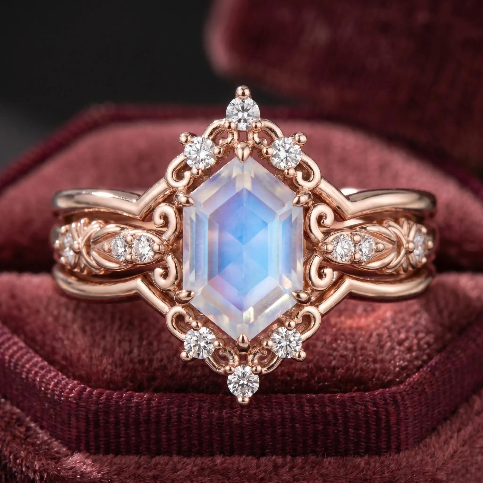 Vintage Moonstone Engagement  Ring 3 pcs Sliver Ring Moonstone Gemstone Gift