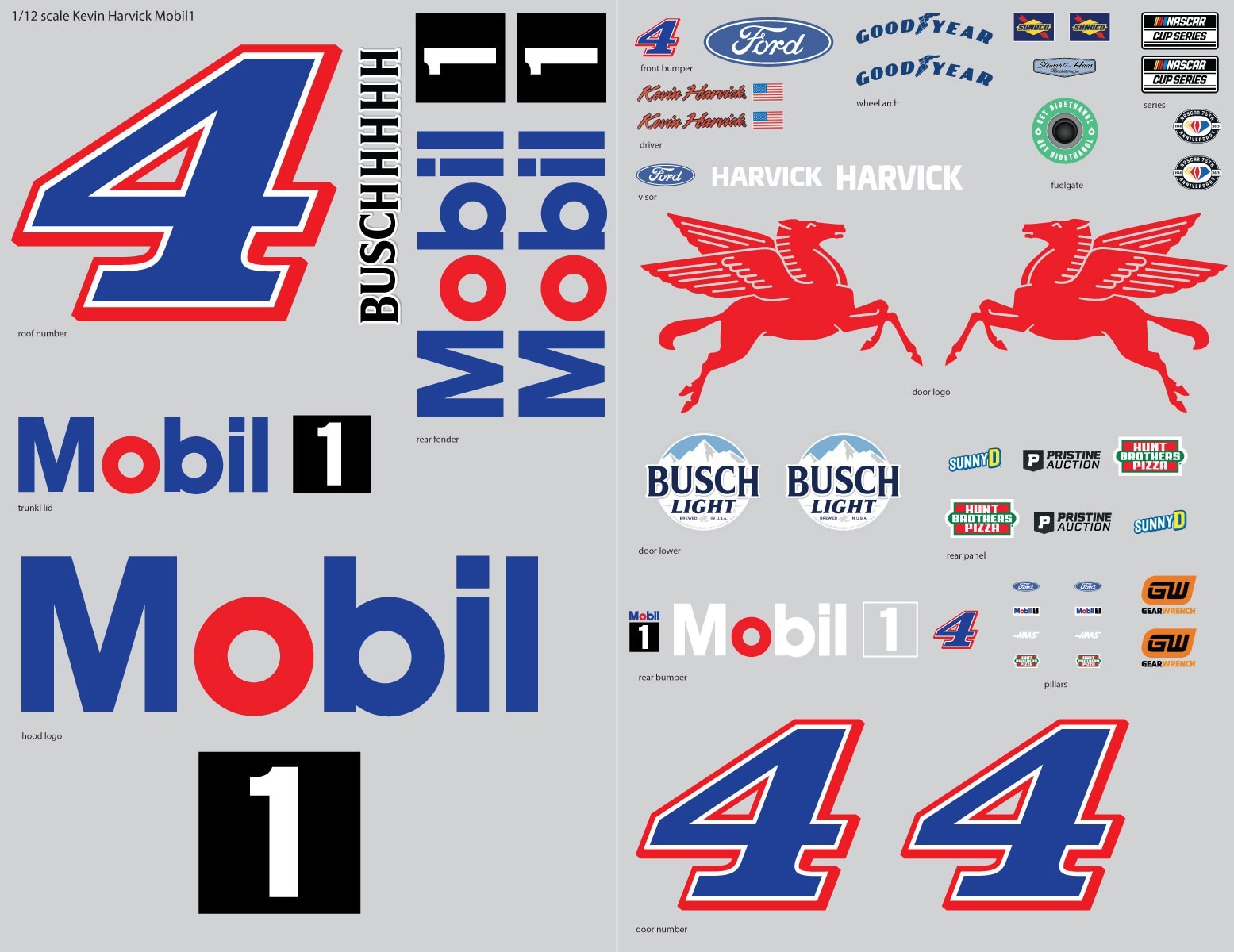 1/12 scale Kevin Harvick Mobil 1 Ford Mustang RC Car Clear Vinyl Sticker Sheet 1/12 scale Kevin Harvick Mobil 1 Ford Mustang RC Car Clear Vinyl Sticker Sheet