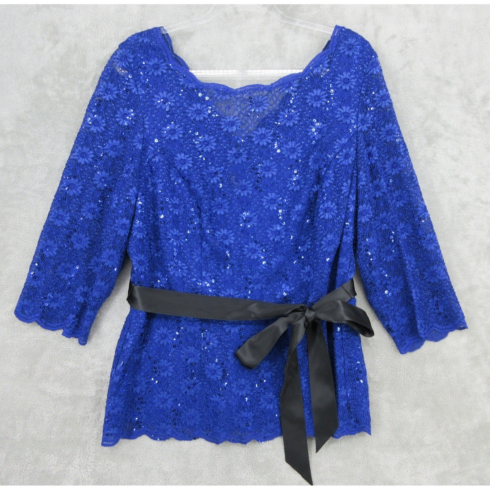 Alex Evenings Blouse Womens 2X Ribbon Belt Sequin Shimmer Office Party Glam Blue Alex Evenings Blouse Womens 2X Ribbon Belt Sequin Shimmer Office Party Glam Blue