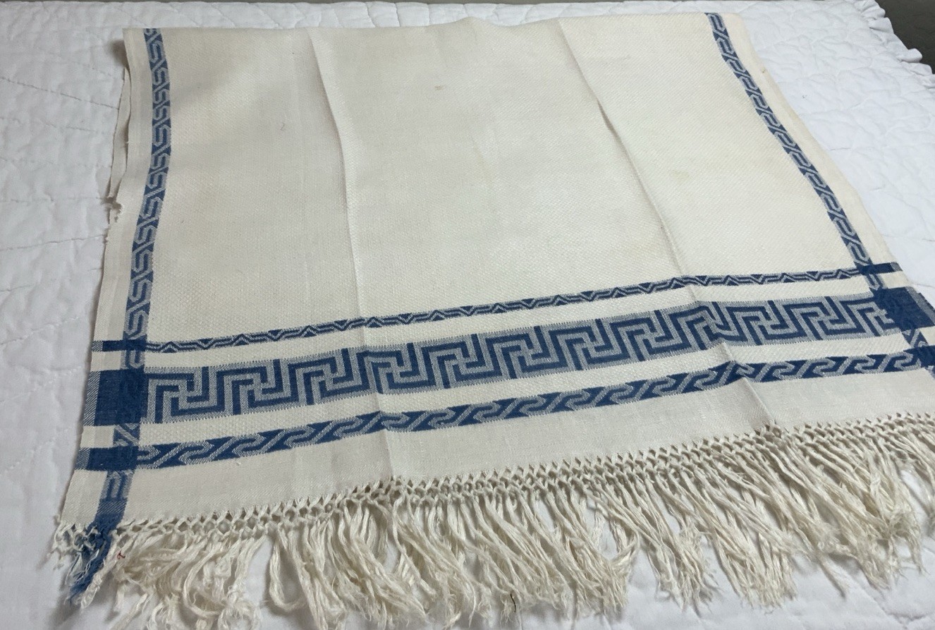 Antique Show Towel, Fringe, Large, Damask Linen, White & Blue, Geometric Design