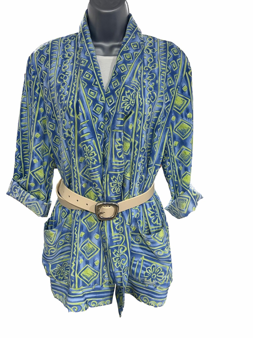 Vintage Yours ASAP California Kimono Jacket Women\'s Medium Blue Lime Green Print
