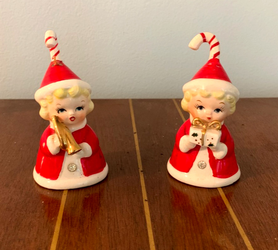 VTG JAPAN 2 Fine Quality SR Christmas Candy Cane Hat Girl Bells (D204) READ VTG JAPAN 2 Fine Quality SR Christmas Candy Cane Hat Girl Bells (D204) READ