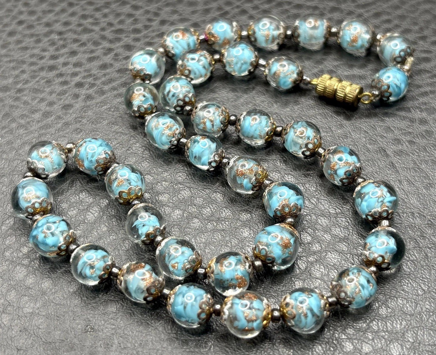 Vintage Blue Glitter Italy Venetian Art Glass 8MM Bead Necklace Barrel Clasp Vintage Blue Glitter Italy Venetian Art Glass 8MM Bead Necklace Barrel Clasp