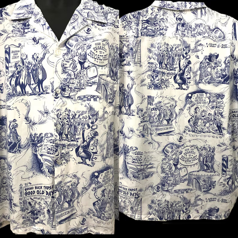 Vintage Hawaiian Shirt Cartoon Print Novelty Fun