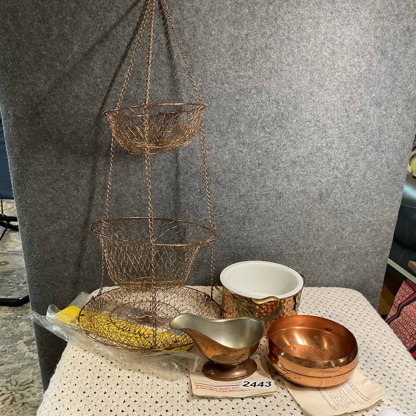Lot Of Copper - 3 Tier Wire Hanging Basket, Gravy Dish, Bowl W/ Handle, & Dish