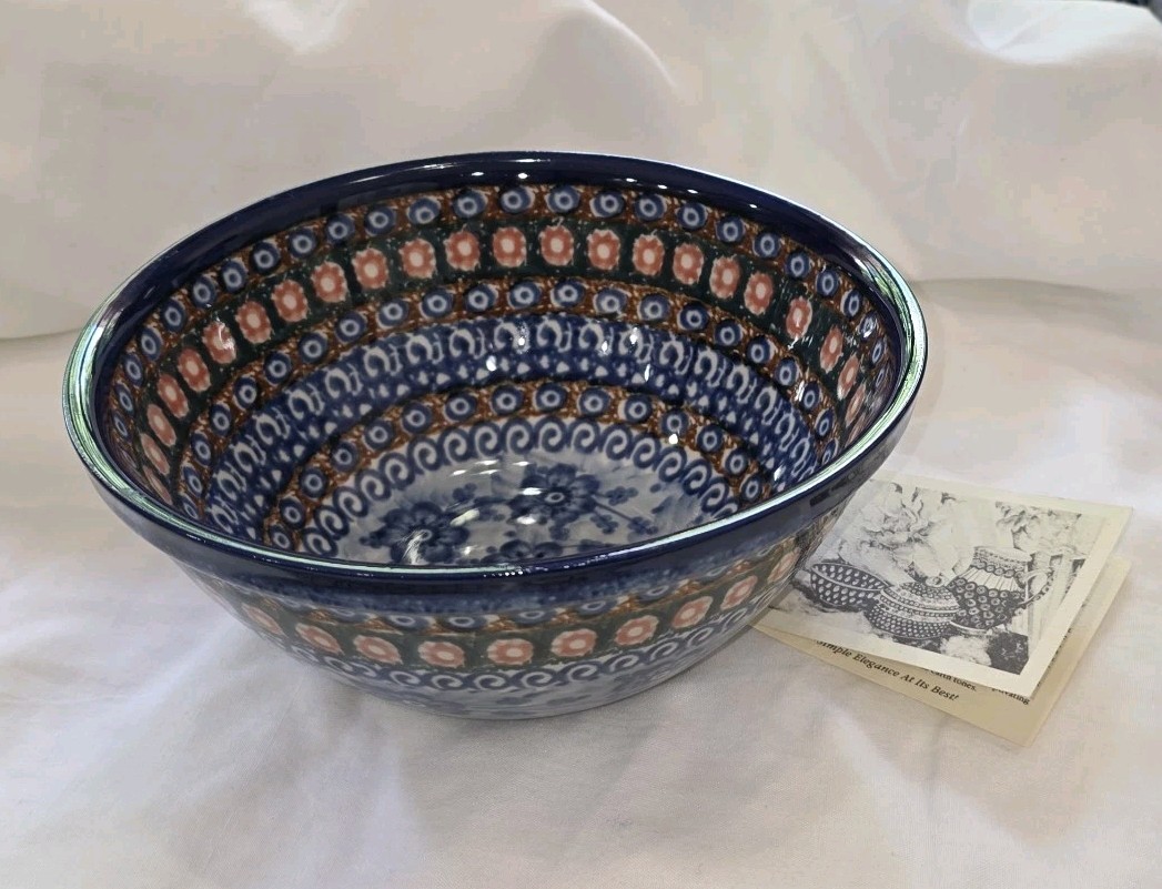 Boleslaweic Unikat Blue Poppies Stoneware Serving/Mixing Bowl 57A - Poland 7-\
