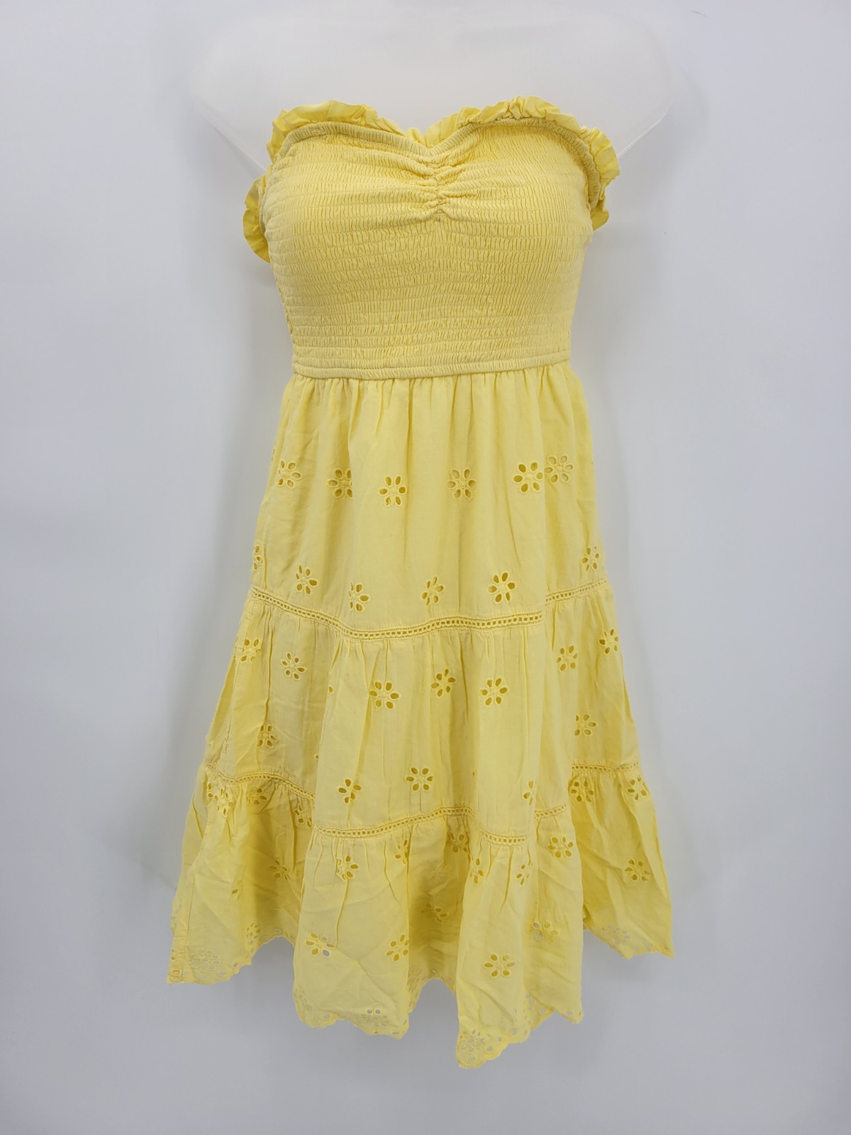 Japna Dress Womens Small Yellow Eyelte Smocked Tiered Convertible Boho Feminine
