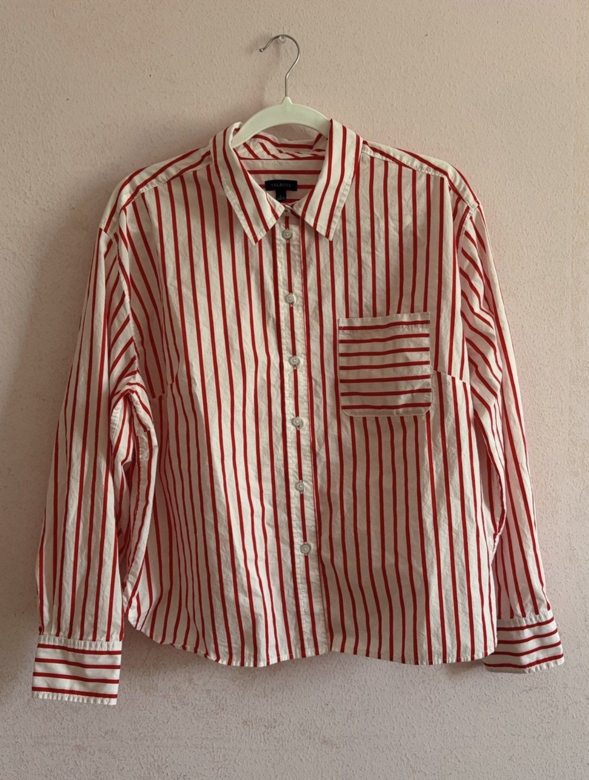 Talbots Modern Chic Nautical Stripe Poplin Short Boxy Pocket Button Down Size L Talbots Modern Chic Nautical Stripe Poplin Short Boxy Pocket Button Down Size L