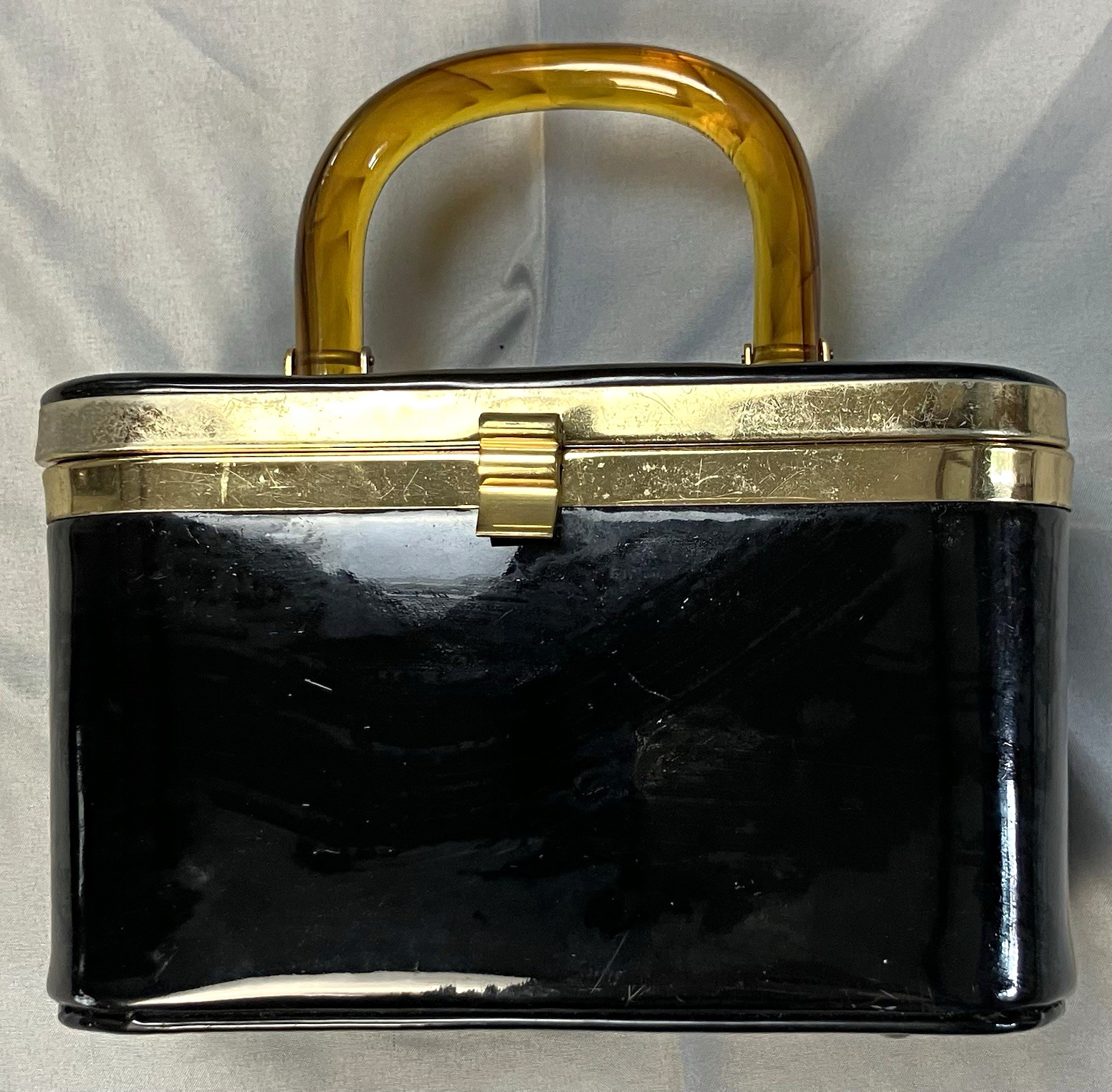 JR Vintage 1950s Black Patent Leather Box Purse Amber Handle Gold Tone Frame