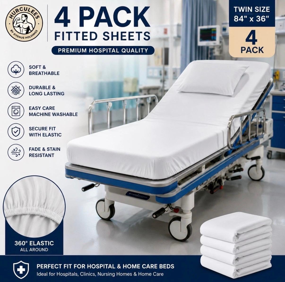 4 Pack HURCULEES Hospital Bed Fitted Sheets 84x36 White Breathable 4 Pack HURCULEES Hospital Bed Fitted Sheets 84x36 White Breathable
