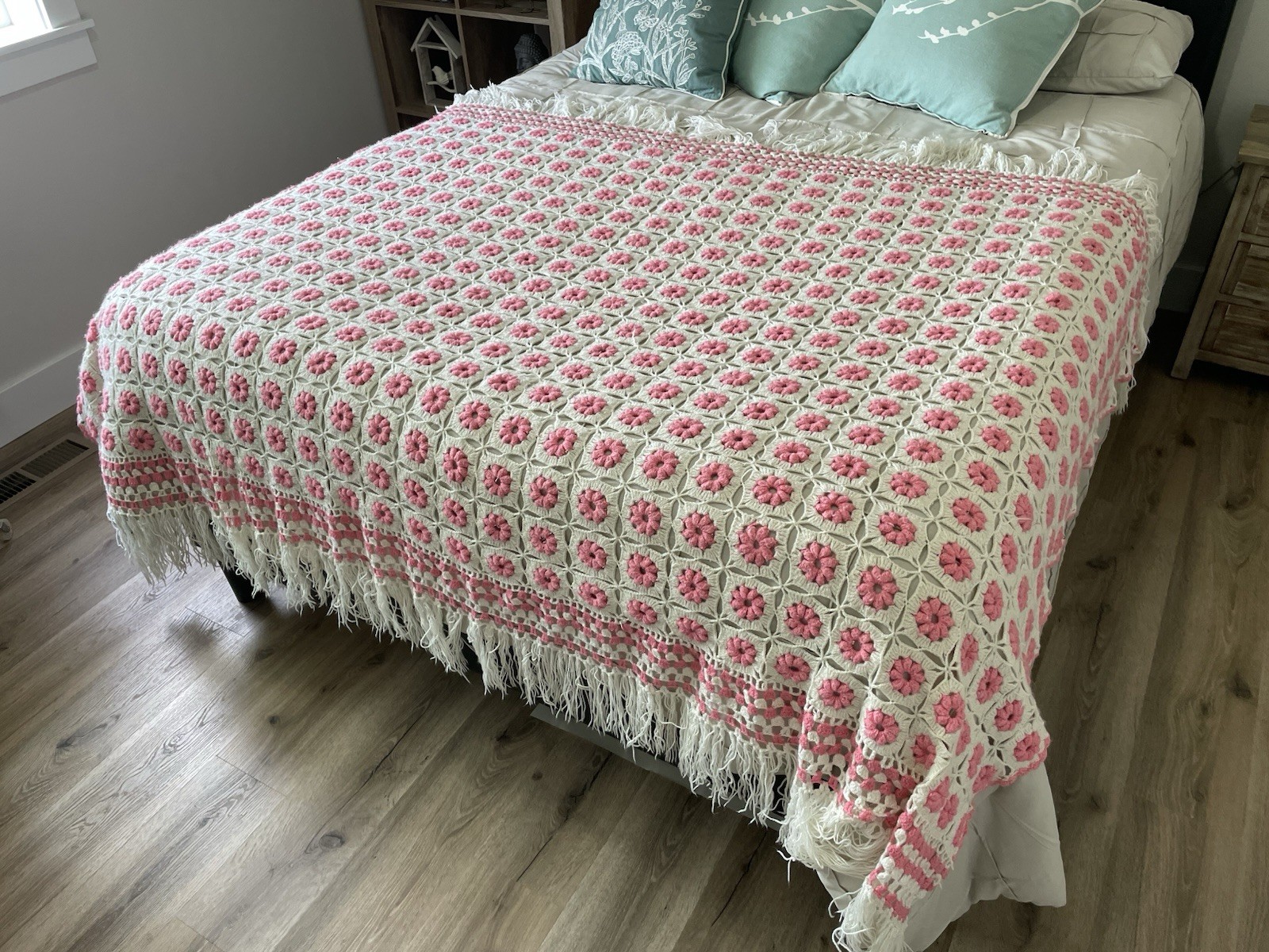 Vintage Hand Crochet Bedspread Pink Floral Granny Square Afghan Fringe 55x82” Vintage Hand Crochet Bedspread Pink Floral Granny Square Afghan Fringe 55x82”