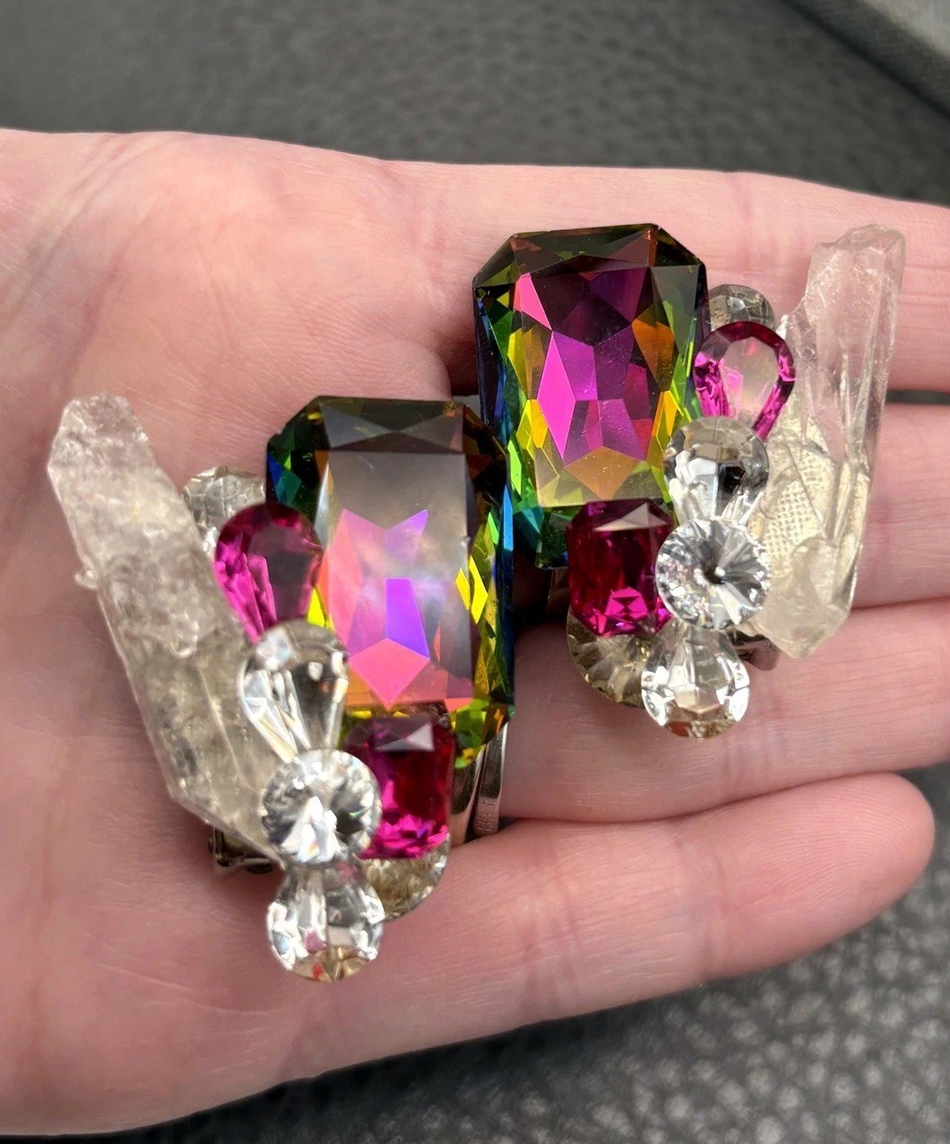 WOW  80s Runway Unique Rainbow Crystal Vitrail Heliotrope Rhinestone Earrings
