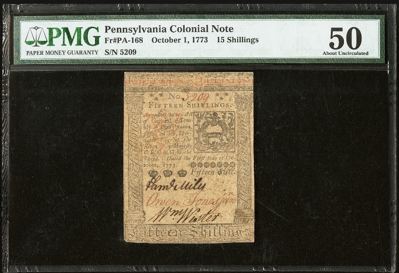 1773 PENNSYLVANIA Colonial Currency American Revolution Bank Note PA-168, PMG 50 1773 PENNSYLVANIA Colonial Currency American Revolution Bank Note PA-168, PMG 50