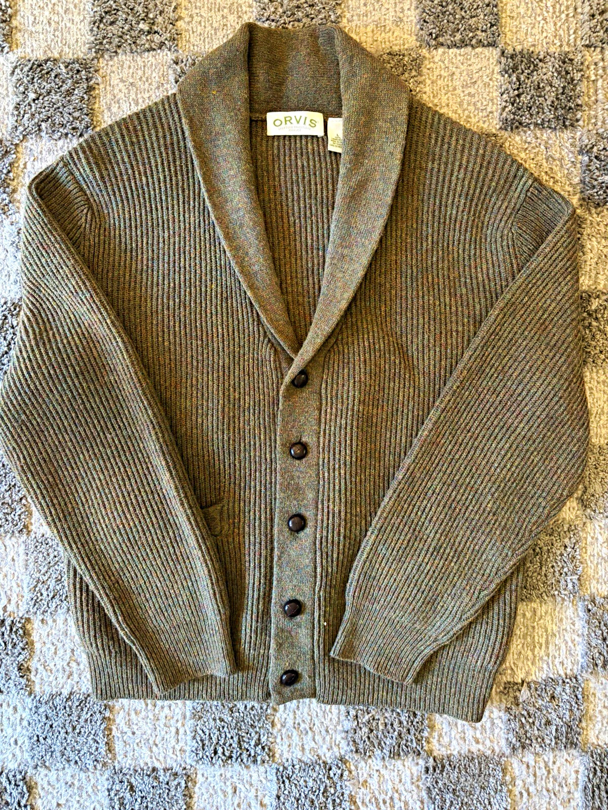 Orvis Men\'s L Green Wool Knit Shawl Collar Button Cardigan Sweater Pockets Orvis Men\'s L Green Wool Knit Shawl Collar Button Cardigan Sweater Pockets