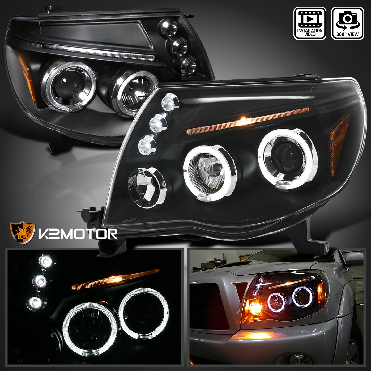Black Fits 2005-2011 Toyota Tacoma LED Halo Projector Headlights Lamp Left+Right Black Fits 2005-2011 Toyota Tacoma LED Halo Projector Headlights Lamp Left+Right