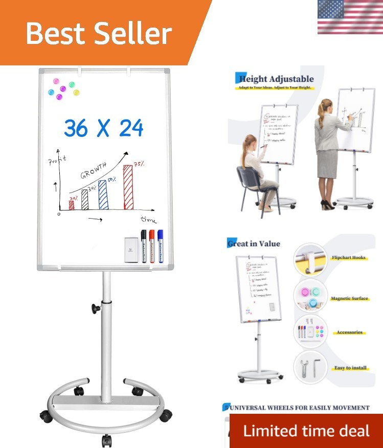 Height Adjustable 36x24 Mobile Whiteboard with Markers & Accessories Included