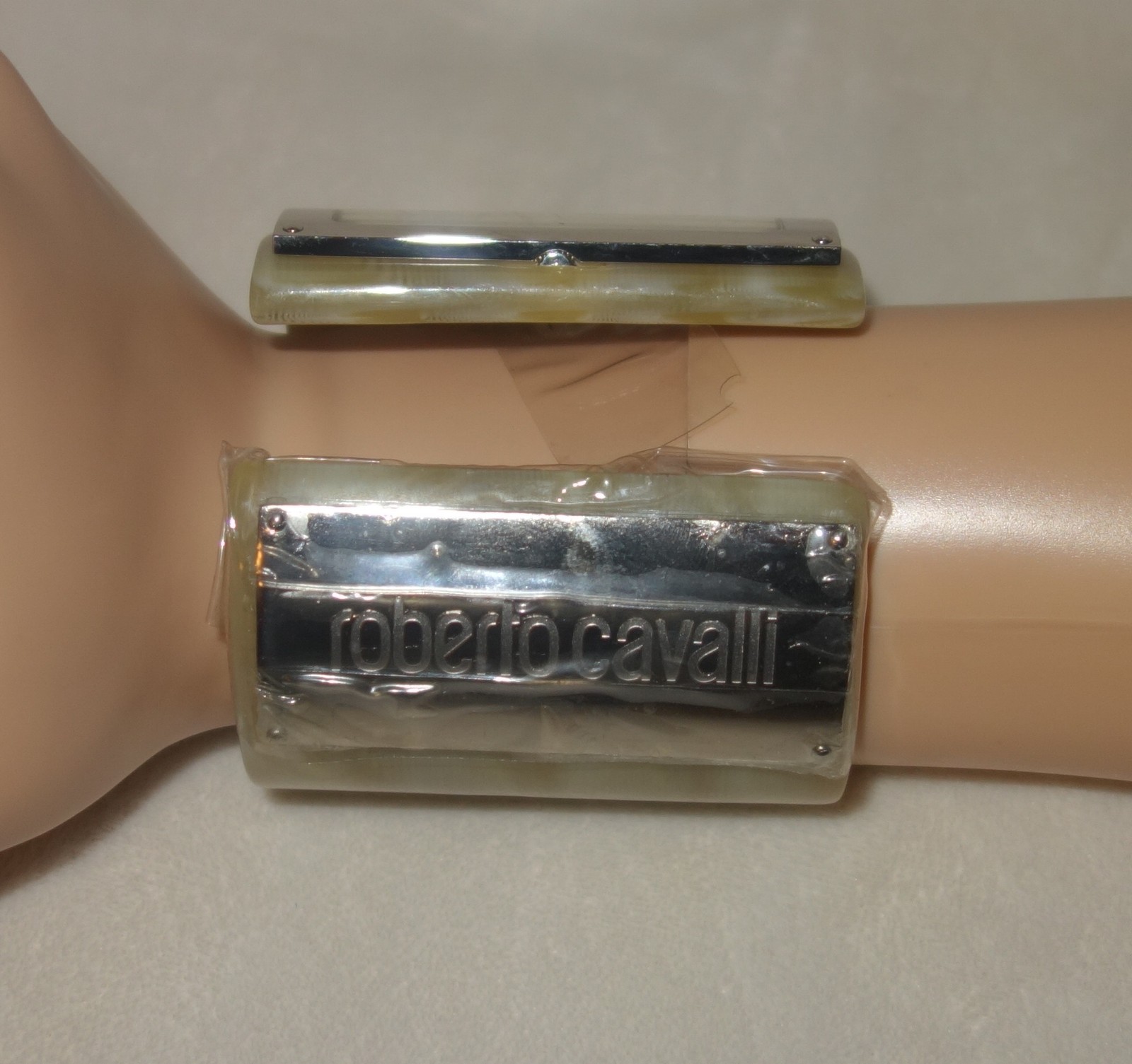 ROBERTO CAVALLI Green Resin Silver Tone Accent Wide Cuff Bracelet Watch NEW