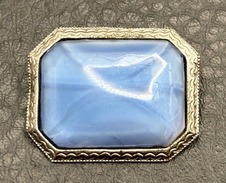 Vintage Blue Glass Faux Star Sapphire Glass Art Deco Octagonal Brooch Pin