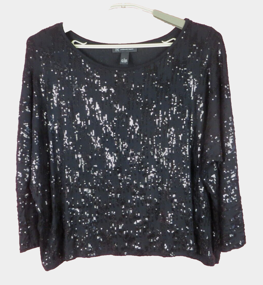 INC INTERNATIONAL CONCEPTS Women Rayon Crop Blouse 3/4 Batwing Sleeve Sequined L