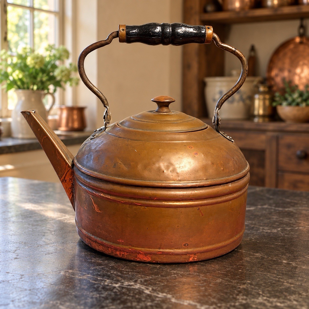 Antique English George III Copper Kettle c.1800 Dovetailed Gooseneck Wood Handle