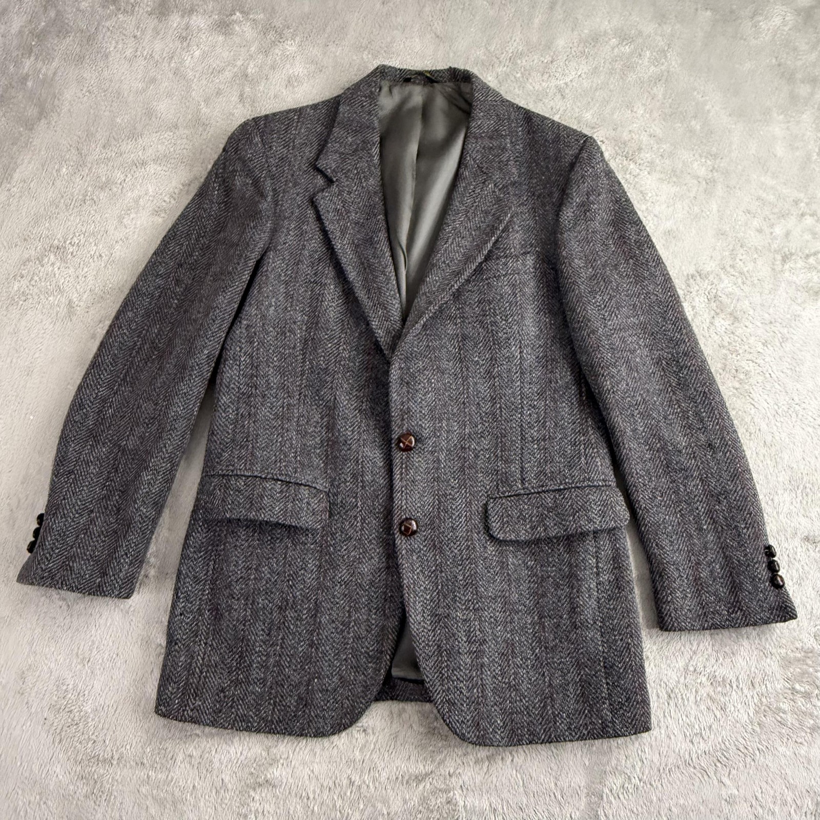 Vintage Harris Tweed Blazer Mens Large Gray Herringbone Wool Sport Coat USA Ivy