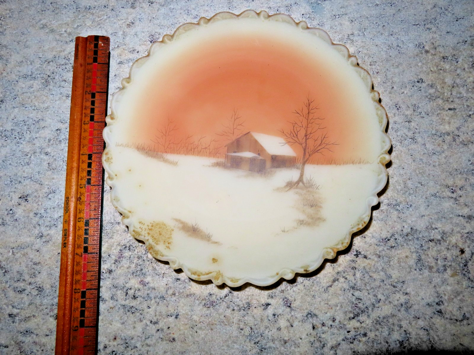 Fenton Sunset Farm barn On Cameo Satin Hand Painted Custard Glass Plate S lee Fenton Sunset Farm barn On Cameo Satin Hand Painted Custard Glass Plate S lee