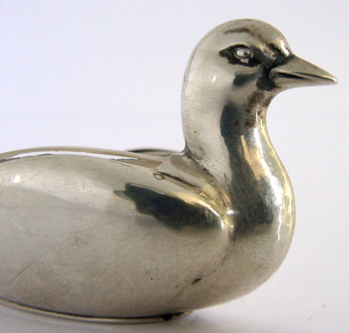WONDERFUL GERMAN SOLID SILVER GLASS LINED DUCK SALT CELLER c1920 ANTIQUE