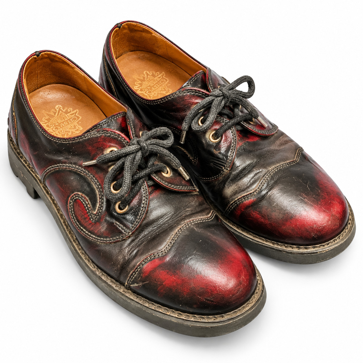 Vintage John Fluevog Derby Swirl 6 Eye Angel Sole Red Black Leather Mens 10.5
