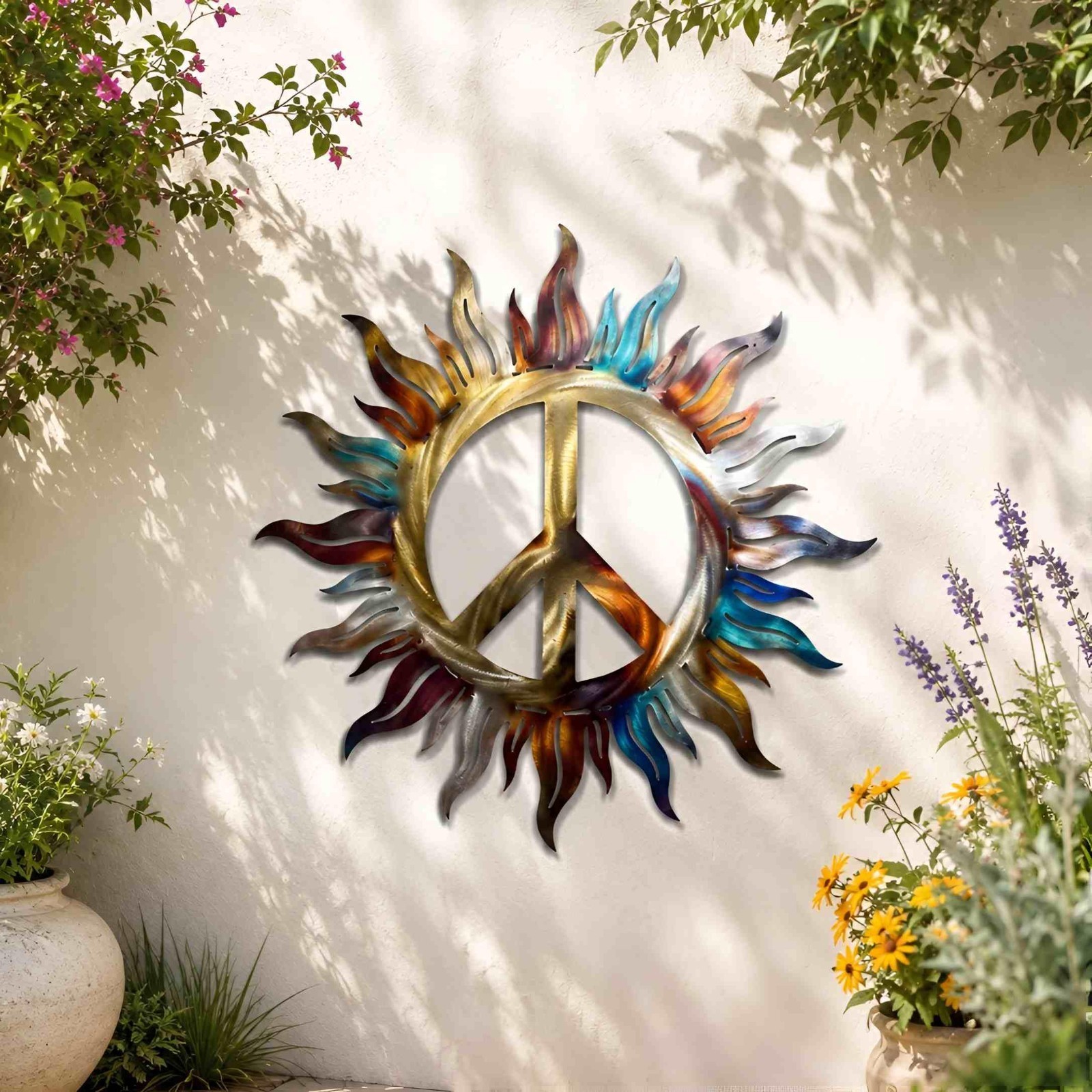 Colorful Metal Peace Sign Wall Art, Sunburst Outdoor Garden Decor