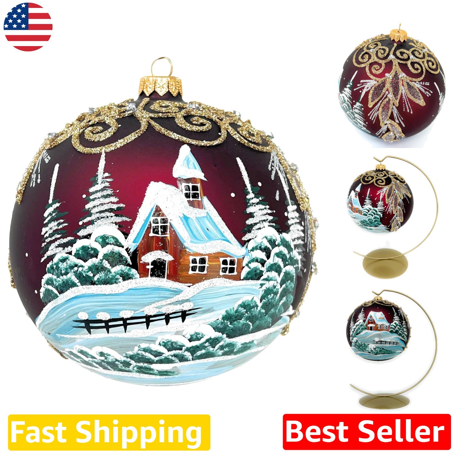 Master Artisan Glass Ball Ornament Winter Dusk Burgundy Hand Painted Poland