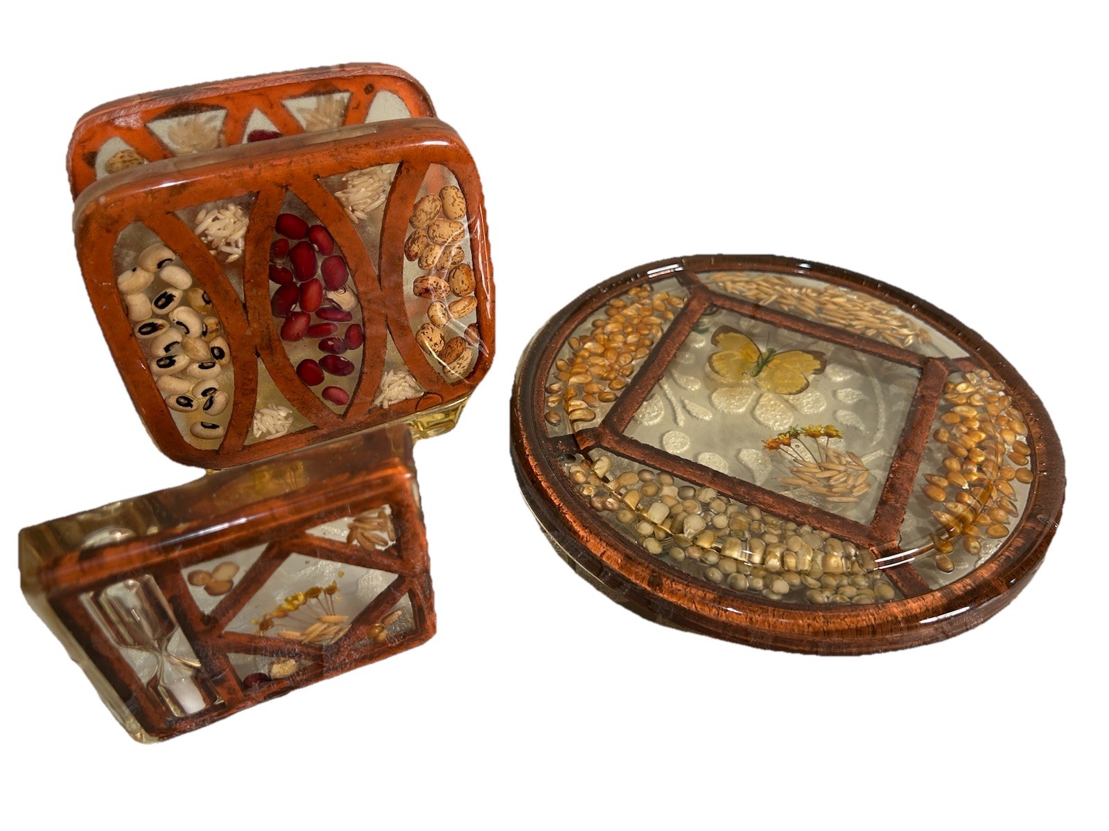 VTG. 70s MCM Lucite Napkin Holder Trivet Timer Set Dried Flowers Seeds Pressed VTG. 70s MCM Lucite Napkin Holder Trivet Timer Set Dried Flowers Seeds Pressed