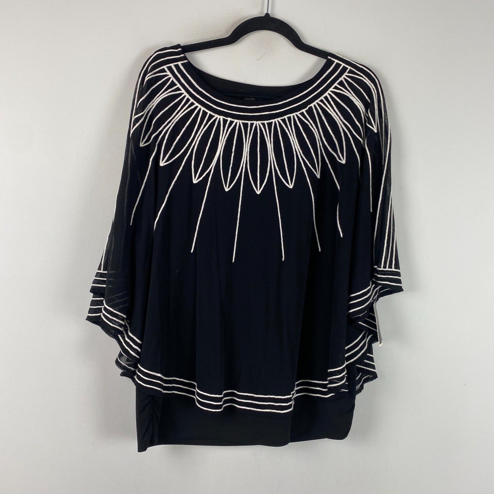 Alfani Black White Embroidered Mesh Overlay Top Womens XL