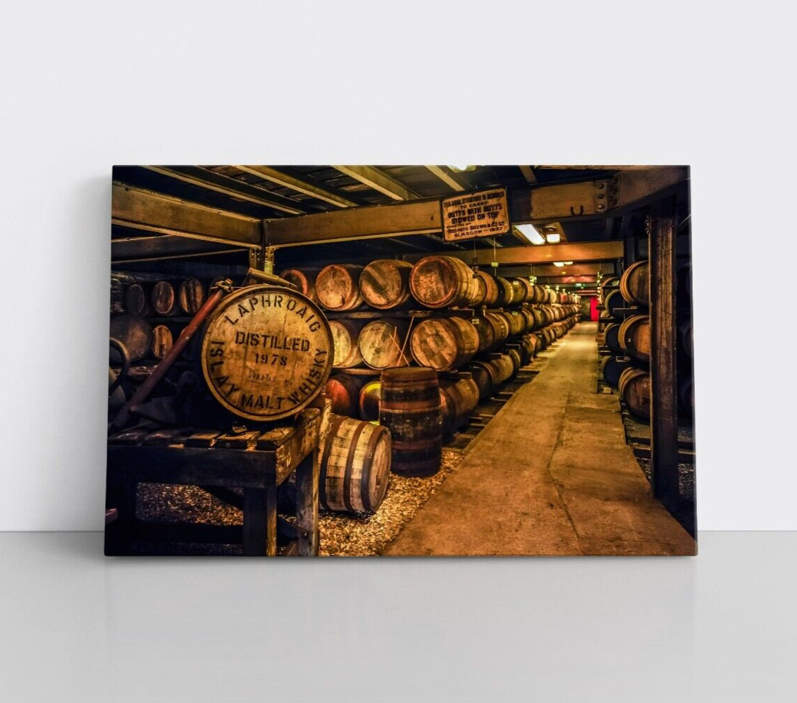 Laphroaig Scotch Whiskey Barrels Bar Lounge Wall Art Decor Framed Canvas Print
