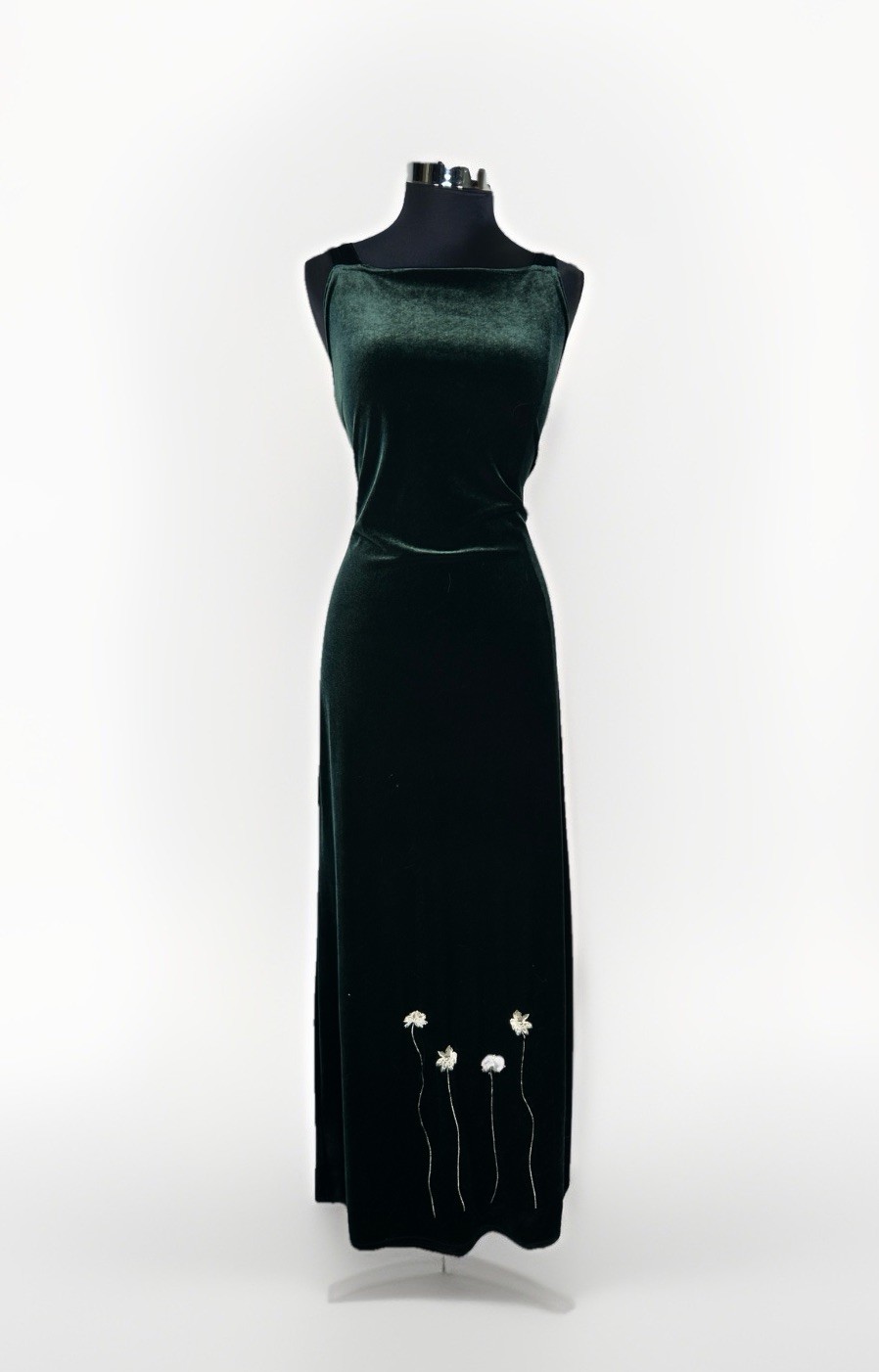 Vintage 90s Danielle Casey Velvet Elegant Formal Green Maxi Dress Embroidered