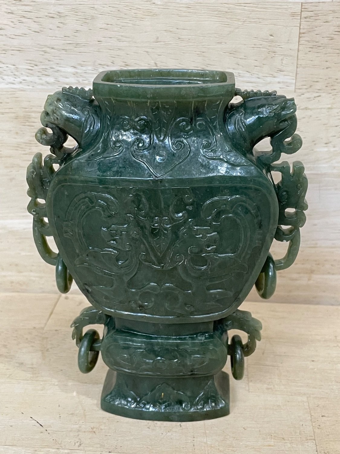 Jade Chinese Carved Spinach Green Archaistic Vase Dragon Loose Rings 1900s