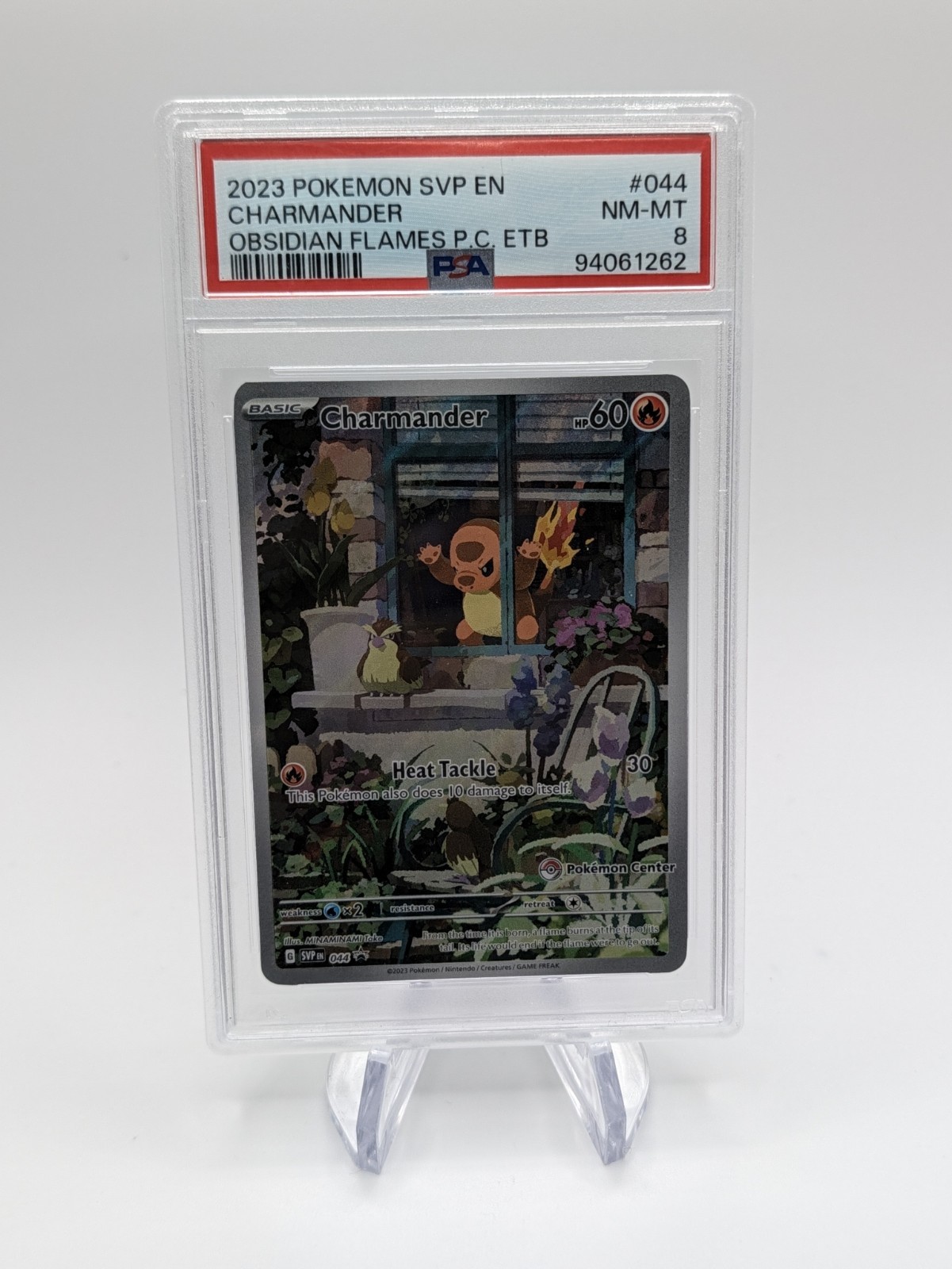 POKEMON 2023 OBS FLAMES ETB CHARMANDER POKEMON CENTER PROMO 044 PSA 8  Stamped