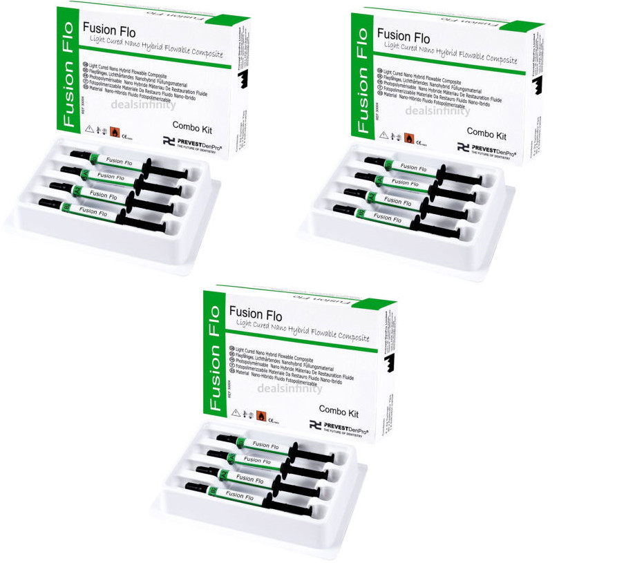 3 x Dental Fusion Flo Light Cured Nano Hybrid Flowable Composite 4 x 2gm Pack