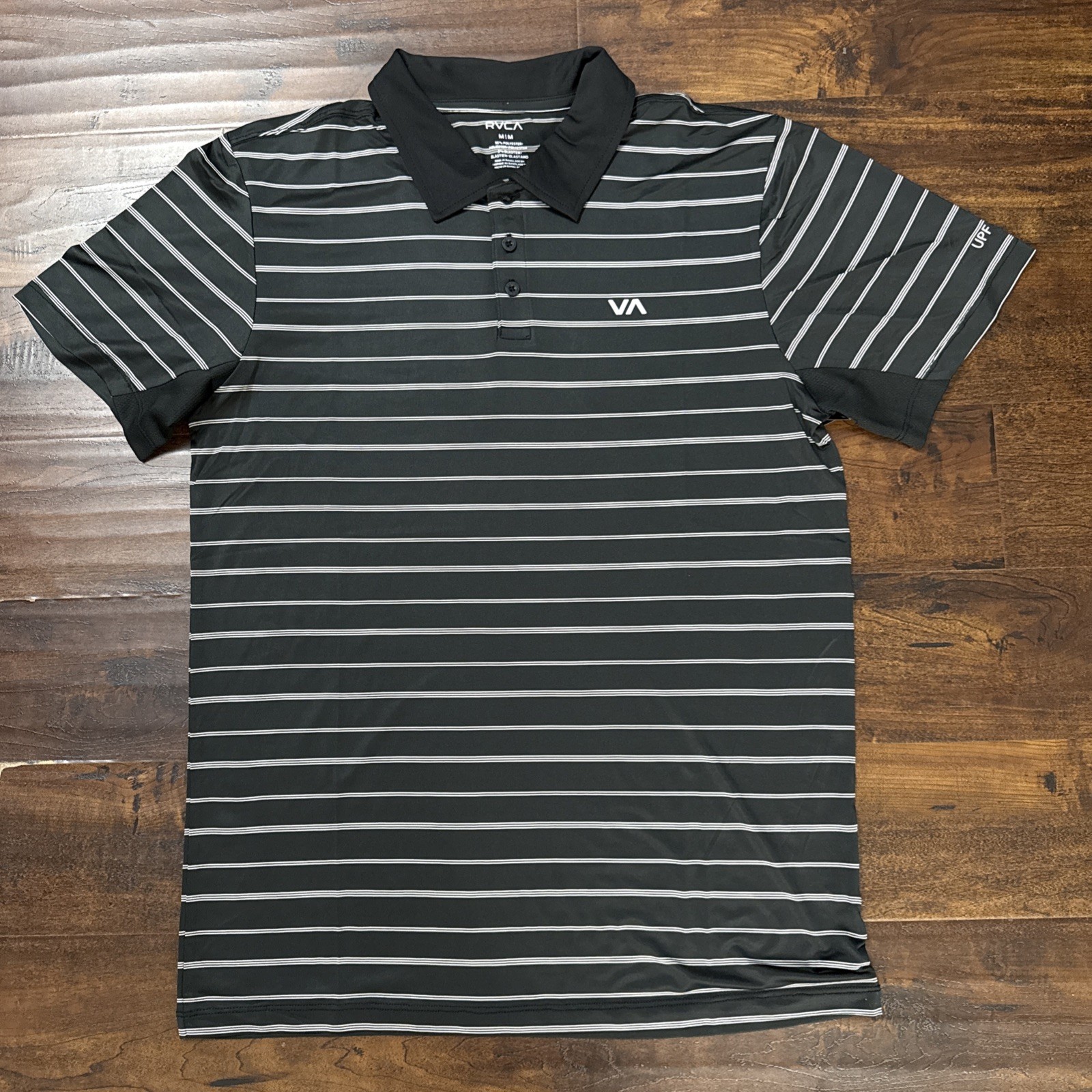 NWT RVCA Men\'s Robey Performance Short Sleeve Polo Black Striped Men’s M. F4 NWT RVCA Men\'s Robey Performance Short Sleeve Polo Black Striped Men’s M. F4