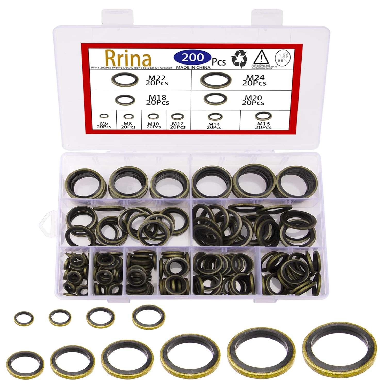 200Pcs Metric Dowty Bonded Seal Oil Washer Assortment Kit, 10 Sizes M6 to M24 200Pcs Metric Dowty Bonded Seal Oil Washer Assortment Kit, 10 Sizes M6 to M24