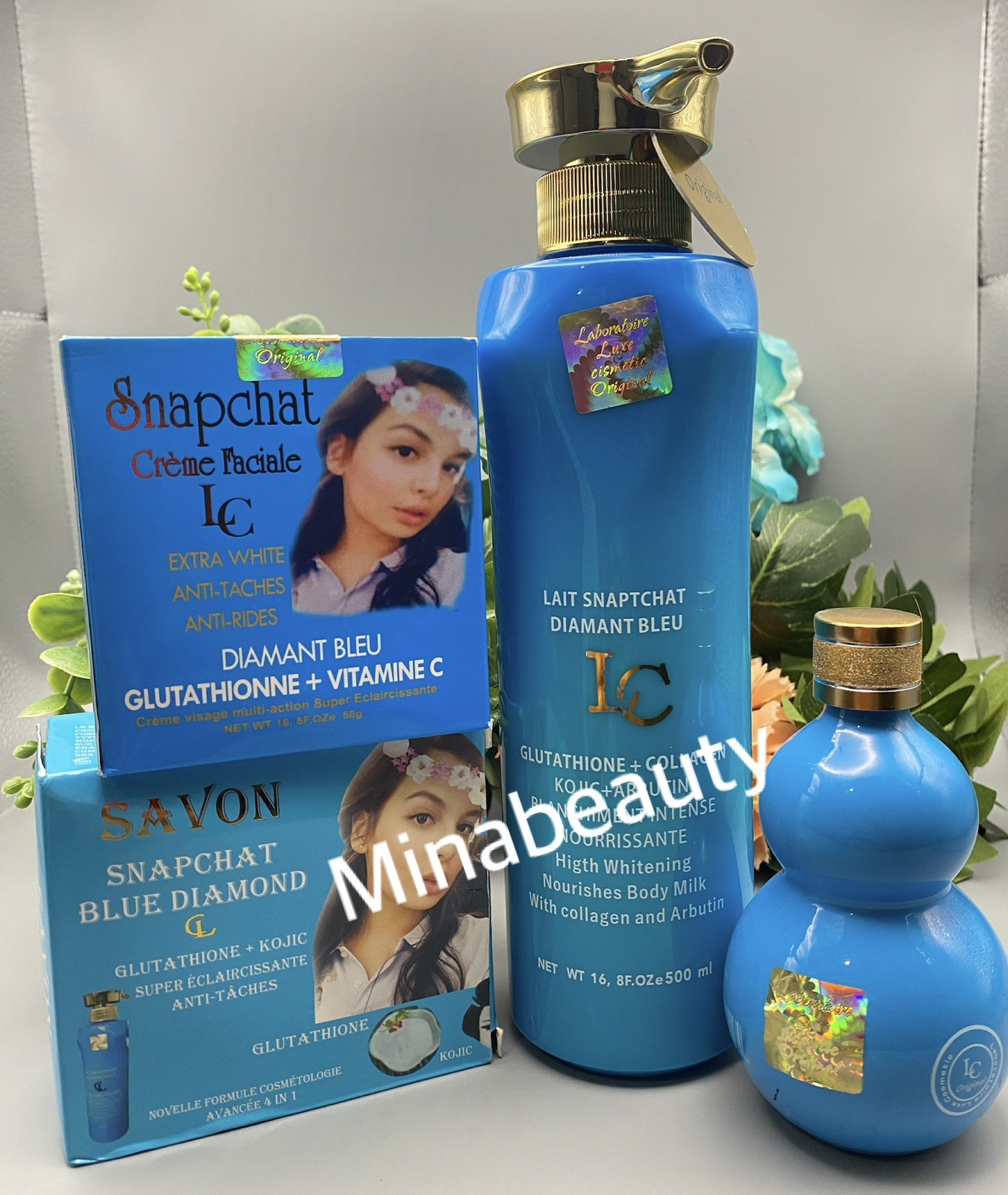Lait Snapchat Diamond Bleu Lotion, Face Cream, Serum & Soap 4pc Set 💯 Original 