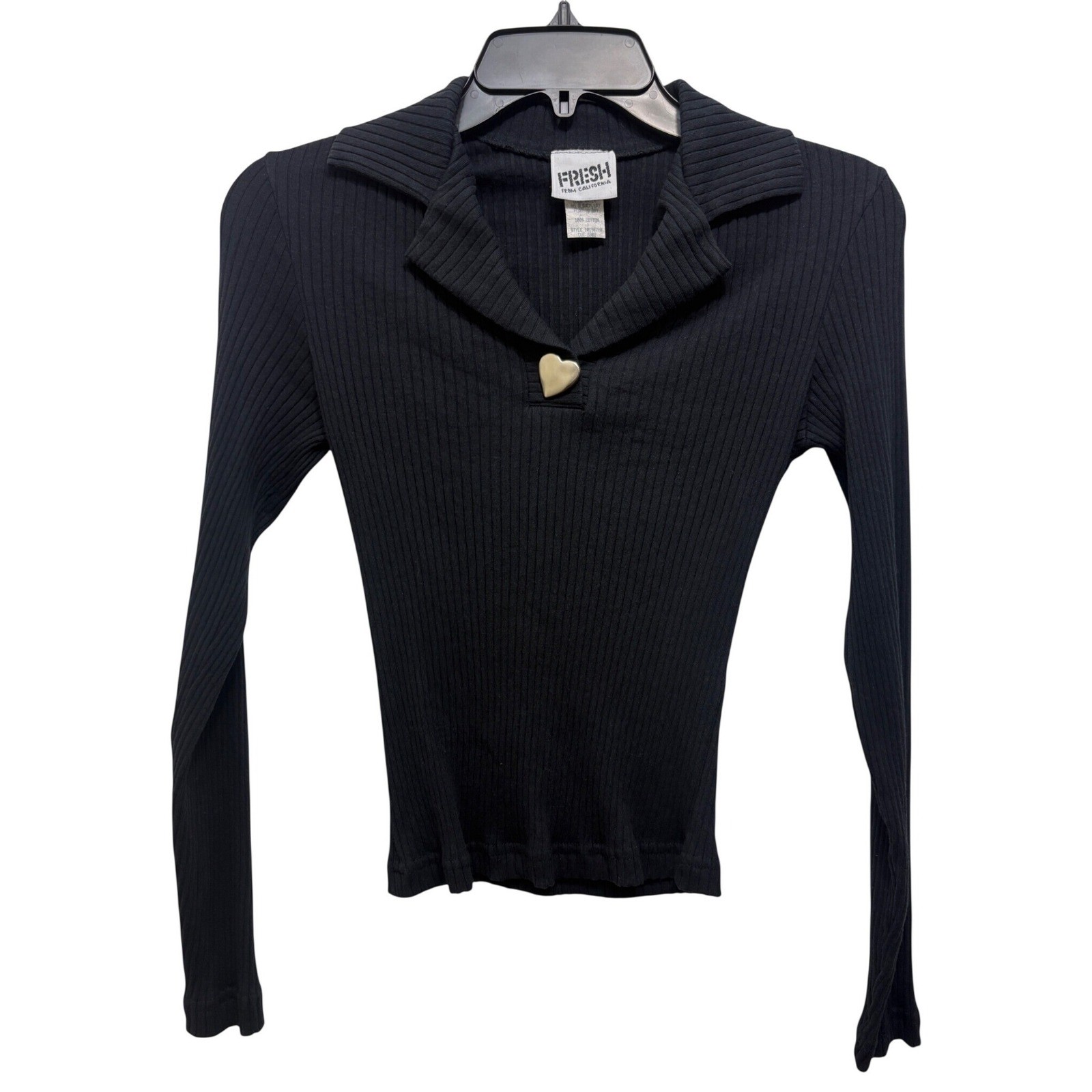 RARE Vtg 90s Fresh Top Women XS Black Ribbed Heart Button L/S Fitted Grunge Goth RARE Vtg 90s Fresh Top Women XS Black Ribbed Heart Button L/S Fitted Grunge Goth