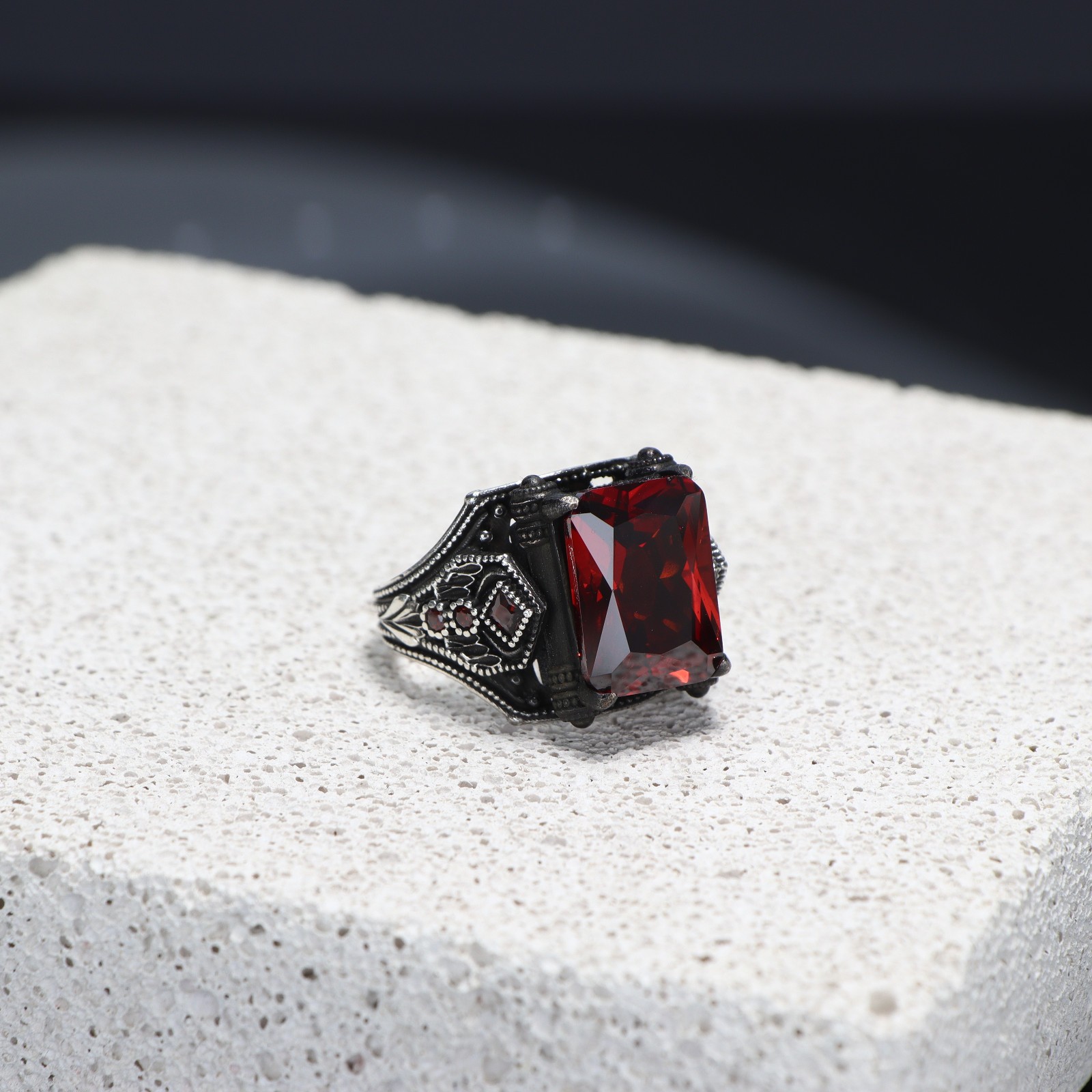 Handmade Sterling Silver Ring with Garnet Stone, Men\'s Silver Ring