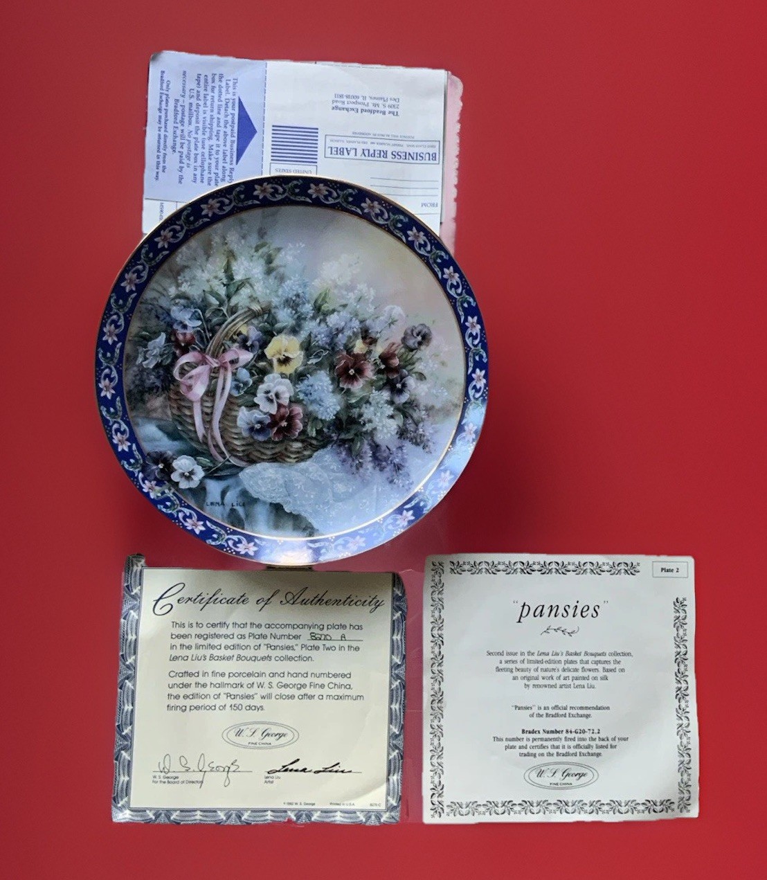 Lena Liu\'s Basket Bouquets Pansies Collectors Plate by WS George With COA Lena Liu\'s Basket Bouquets Pansies Collectors Plate by WS George With COA