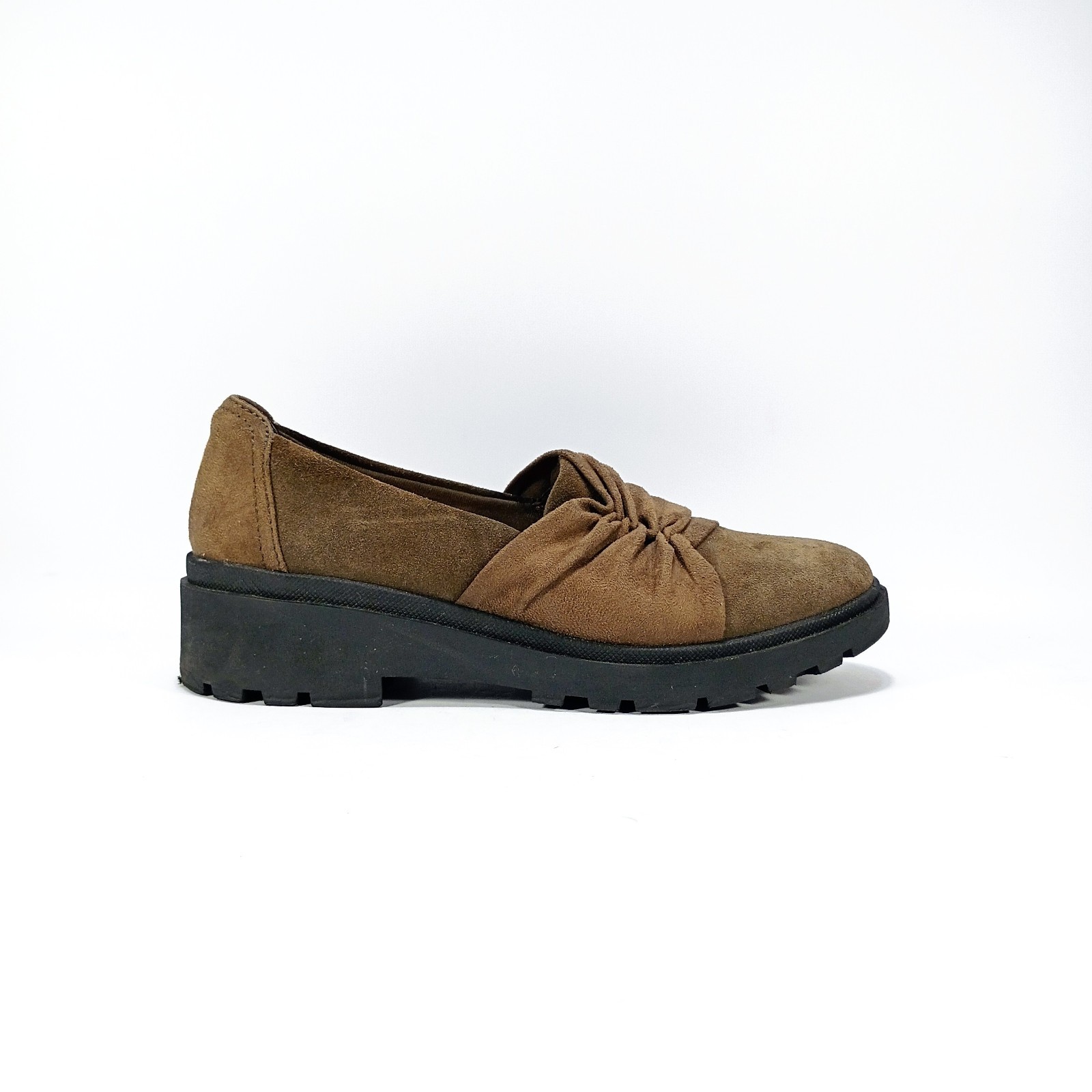 Clarks Collection Calla Style Womens 6 Olive Brown Suede Slip On Wedge Loafers