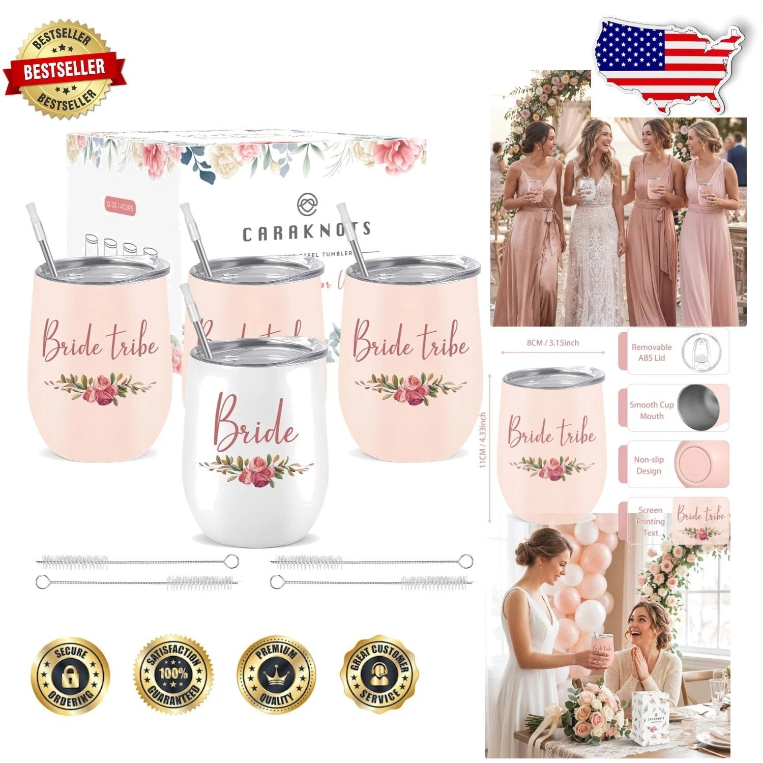 Elegant Bride Tribe Cups 4pk 12oz Insulated Steel Bachelorette Party Favors Gift