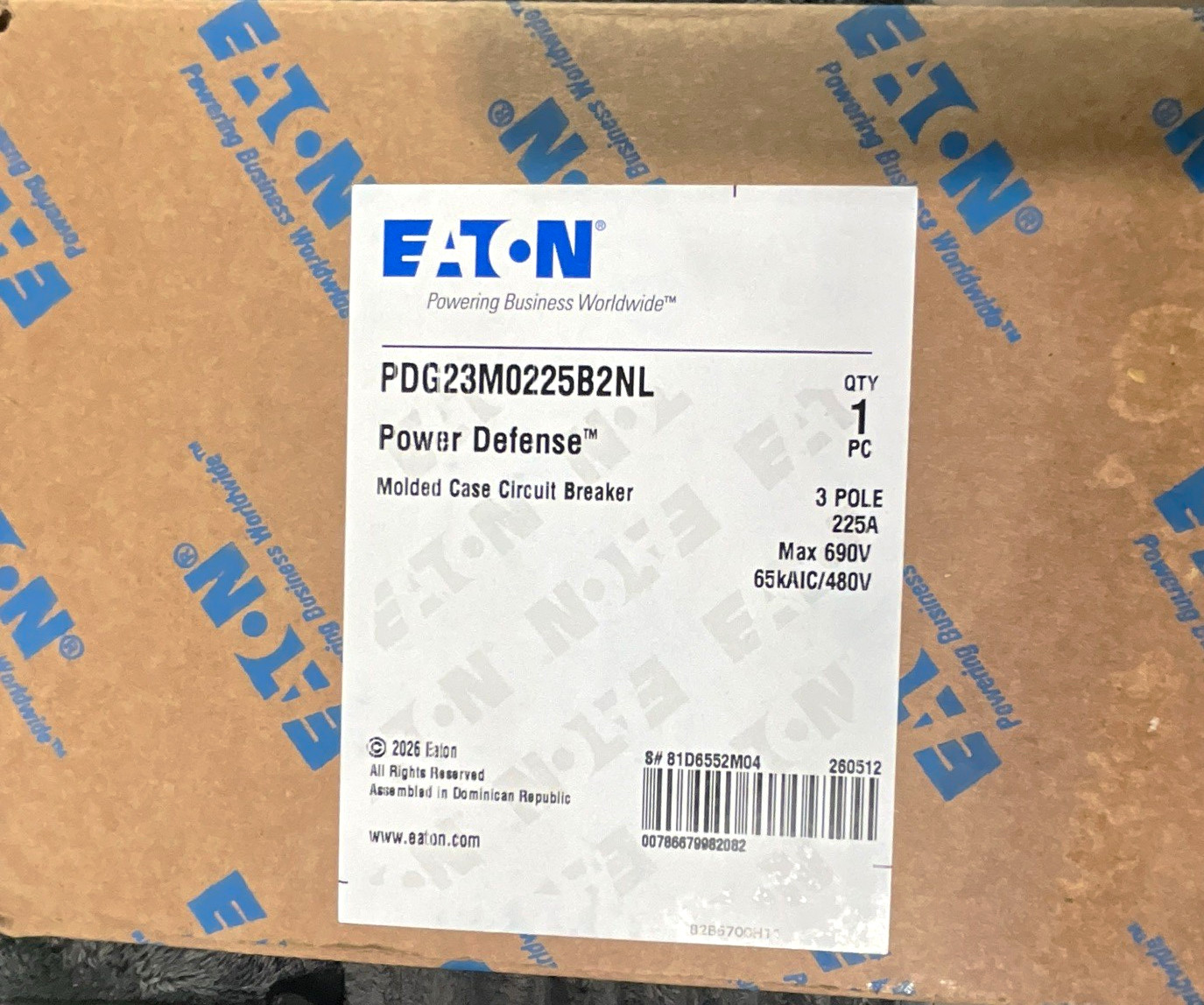 Eaton Power Defense PDG23M0225B2NL Molded Case Circuit Breaker 225A 3P 480V