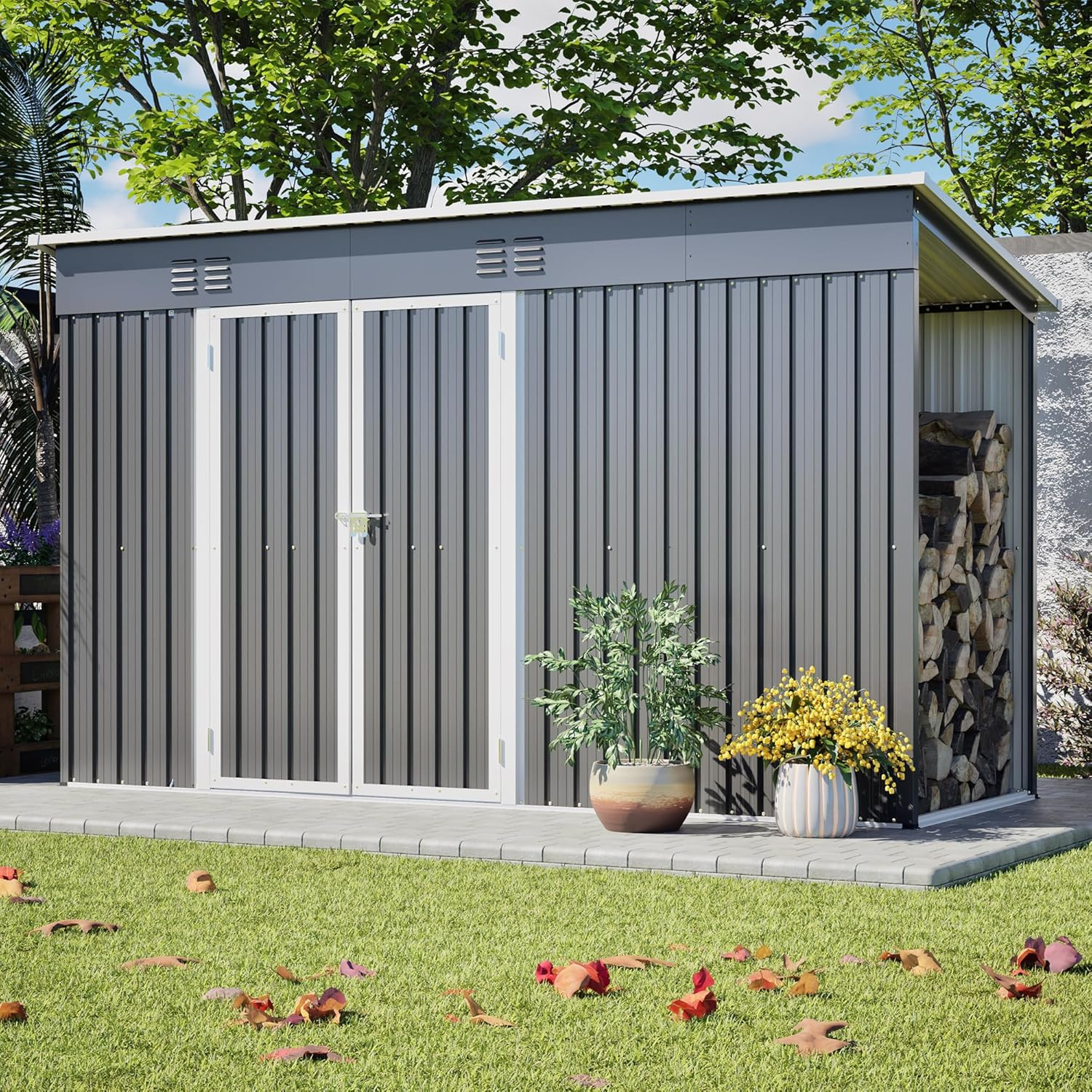 10x4 FT Metal Storage Shed with Lockable Doors for Outdoor Use, Grey