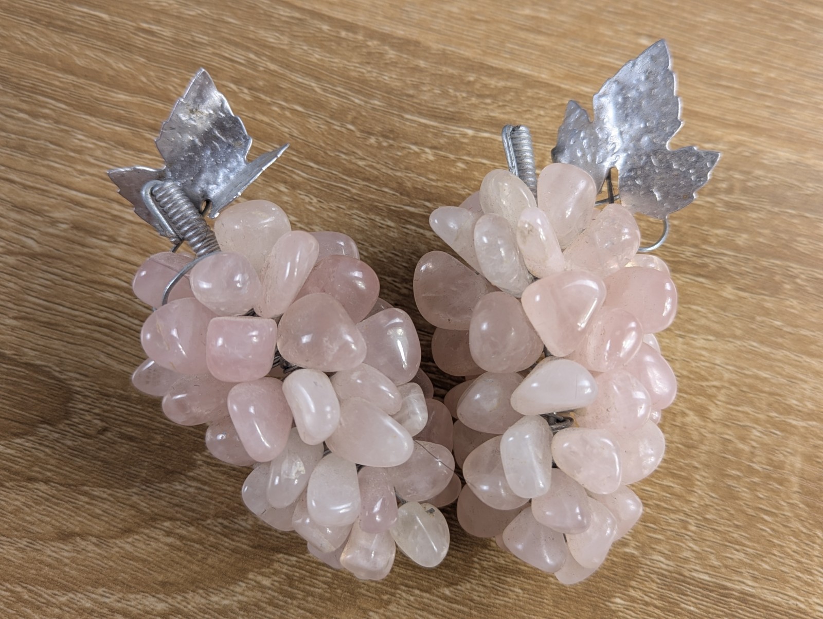 Vintage Mid Century Rose Quartz Grape Cluster MCM Stone Fruit Metal Leaf Pair